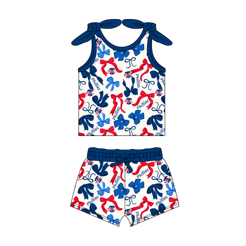 MOQ 3 pcs sleeveless blue P bow top shorts girls team clothes