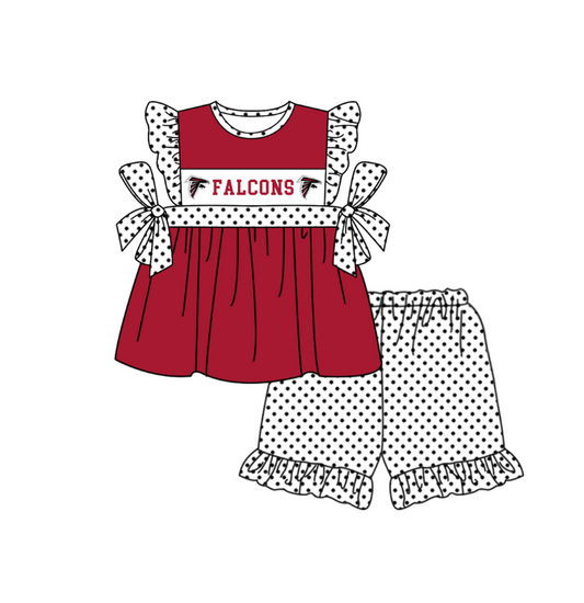 MOQ 5 pcs maroon bow F tunic white polka dots ruffle shorts girls team outfit