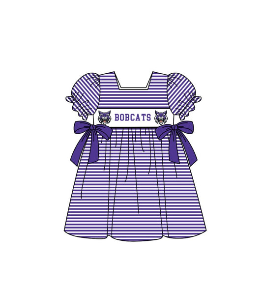 MOQ 5 pcs Short sleeves purple stripe bow CATS girls team dresses