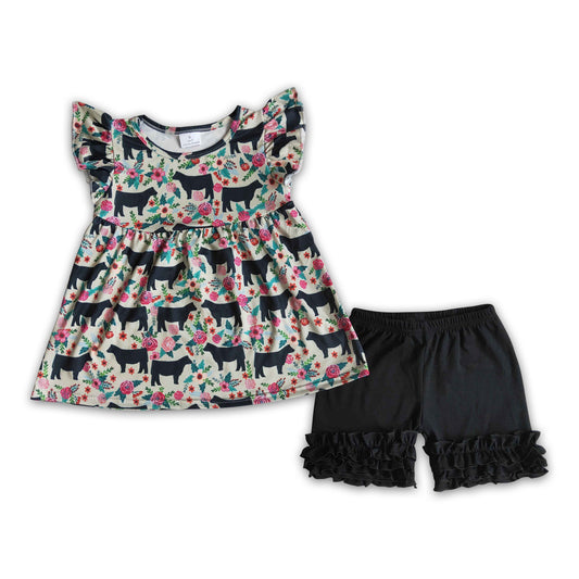 Cow floral print shirt black icing ruffle shorts farm girls summer clothing