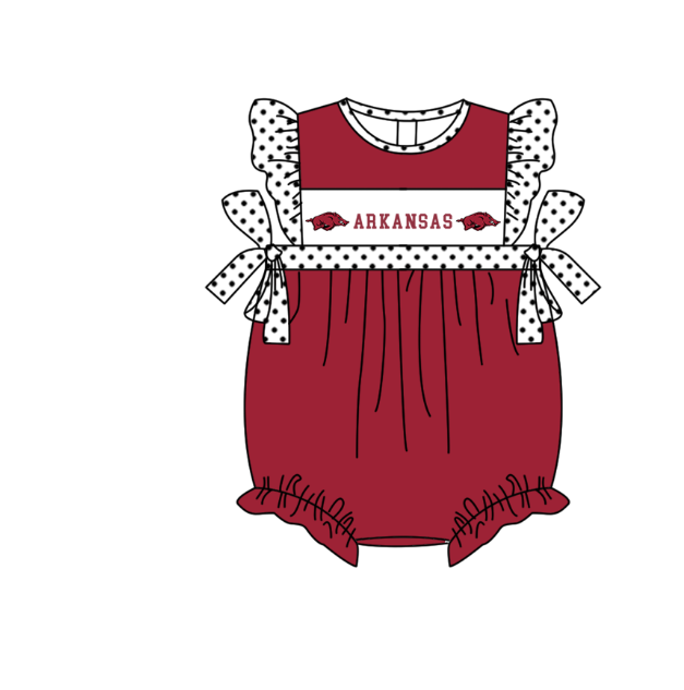 MOQ 5 pcs maroon flying sleeves white polka dots bow A baby girls team romper