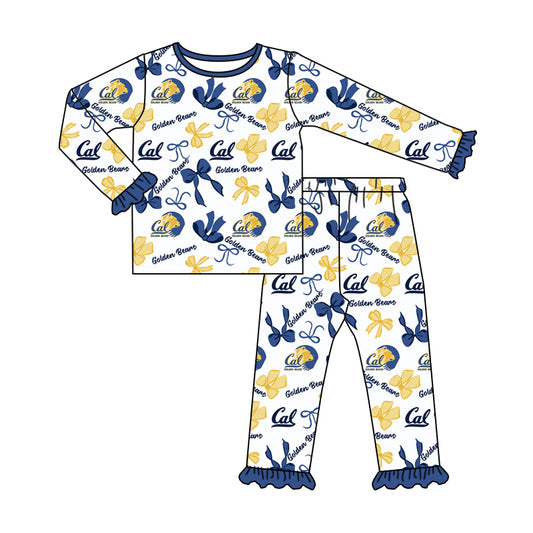 MOQ 3 Long sleeves blue golden bows kids girls team pajamas