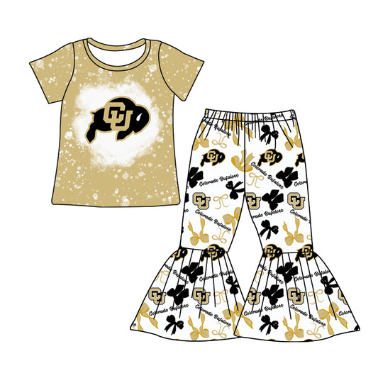 MOQ 3 pcs bleached C U top bow bell bottoms pants girls team clothes