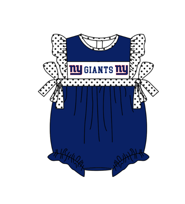 MOQ 5 pcs blue flying sleeves white polka dots bow NY baby girls team romper