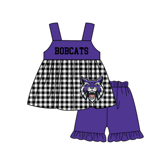 MOQ 5 pcs black plaids sleeveless lion print tunic purple ruffle shorts girls team outfit