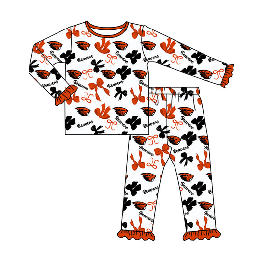 MOQ 3 Long sleeves orange black bows kids girls team pajamas