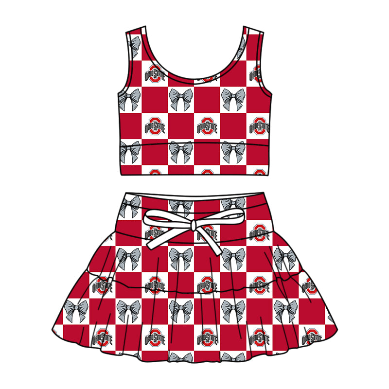 MOQ 5 pcs sleeveless red O bow plaid top skirts girls team active outfits