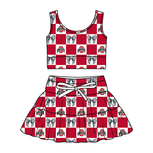 MOQ 5 pcs sleeveless red O bow plaid top skirts girls team active outfits