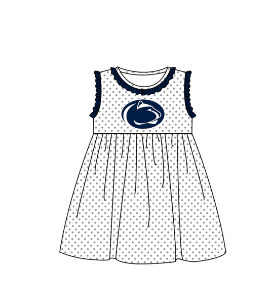 MOQ 5 pcs dark blue ruffle sleeveless white polka dots girls team dresses