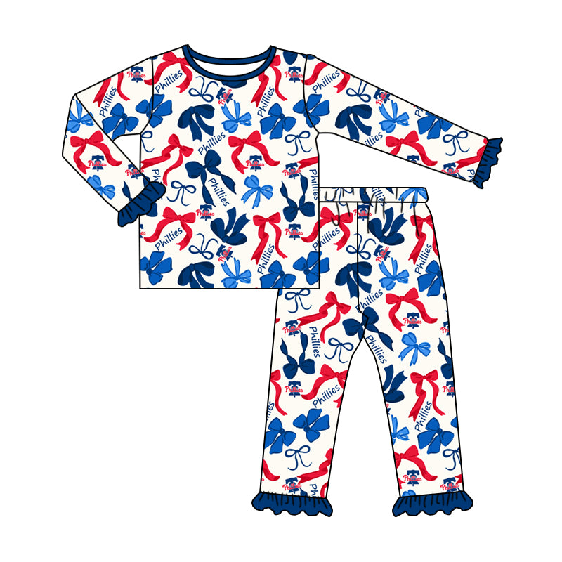 MOQ 3 Long sleeves red blue bow P kids girls team pajamas