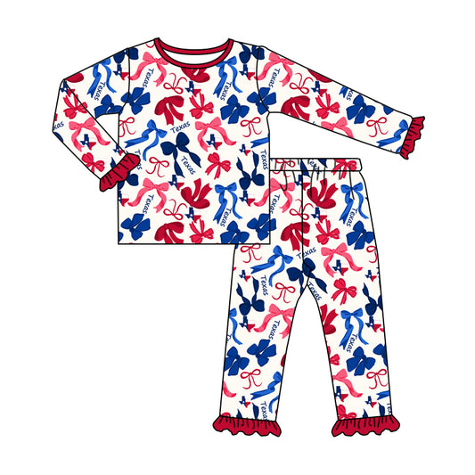 MOQ 3 Long sleeves T red blue bow kids girls team pajamas