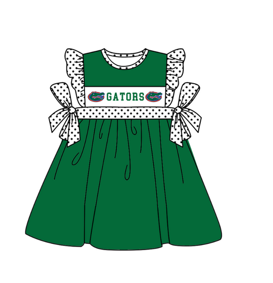 MOQ 5 pcs green flying sleeves white polka dots bow G girls team dresses