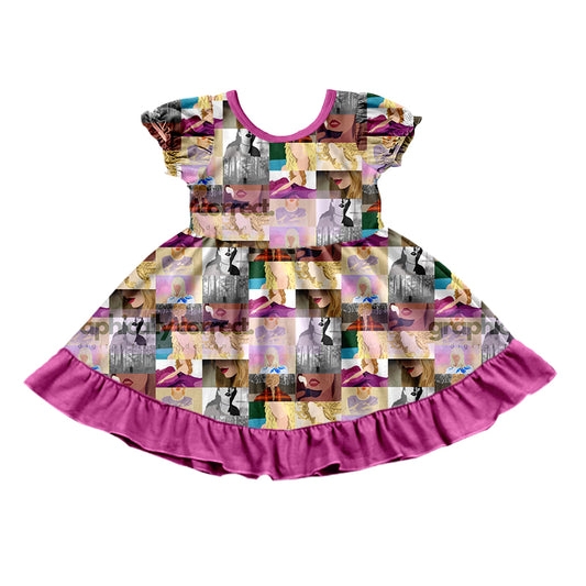 MOQ  3 Short sleeves purple patchwork ruffle singer girls dress