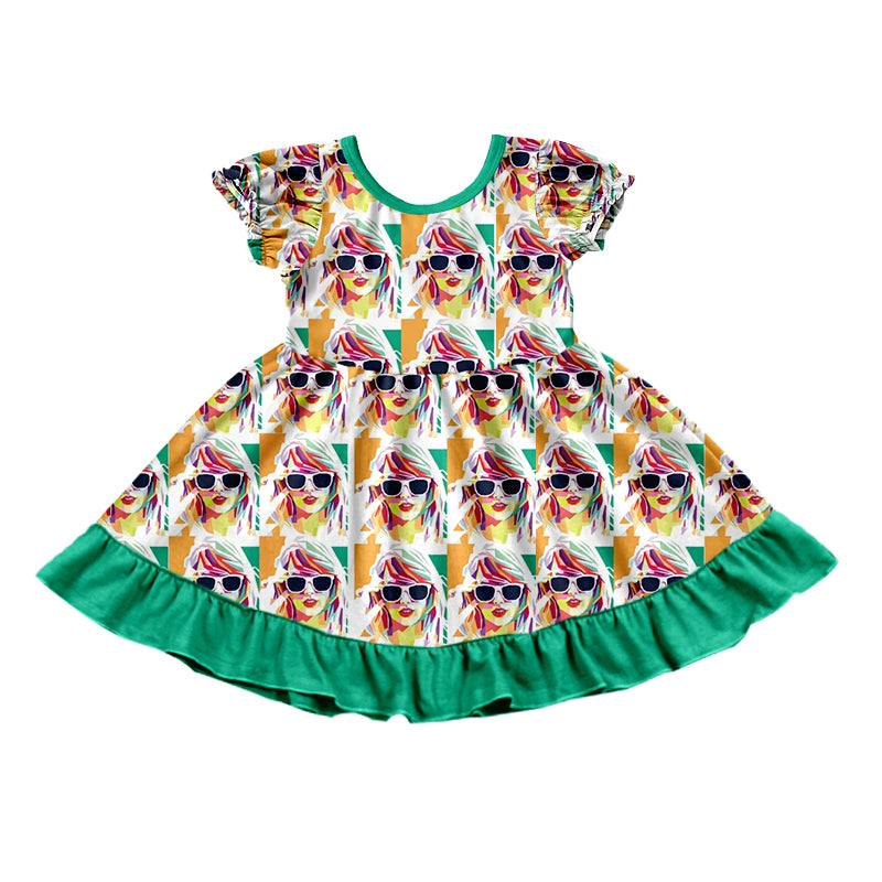 MOQ  3 Short sleeves green ruffle singer girls dress