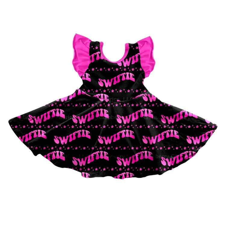 MOQ  3 Flutter sleeves black hot pink girls ears singer dress