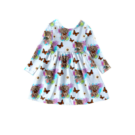 MOQ 5 PCS highland cow butterfly baby girls dress