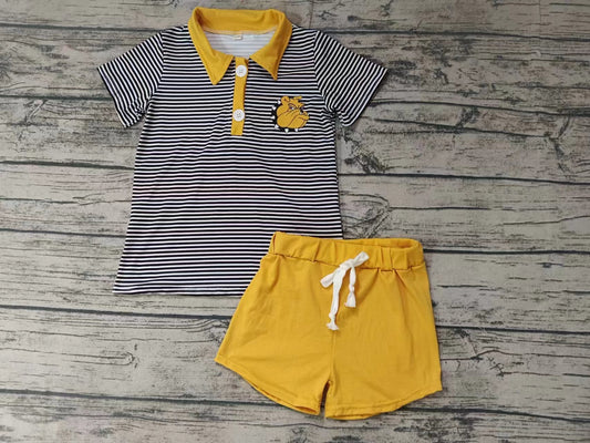 MOQ 3 pcs yellow dogs black stripe polo shirt shorts boy team clothes