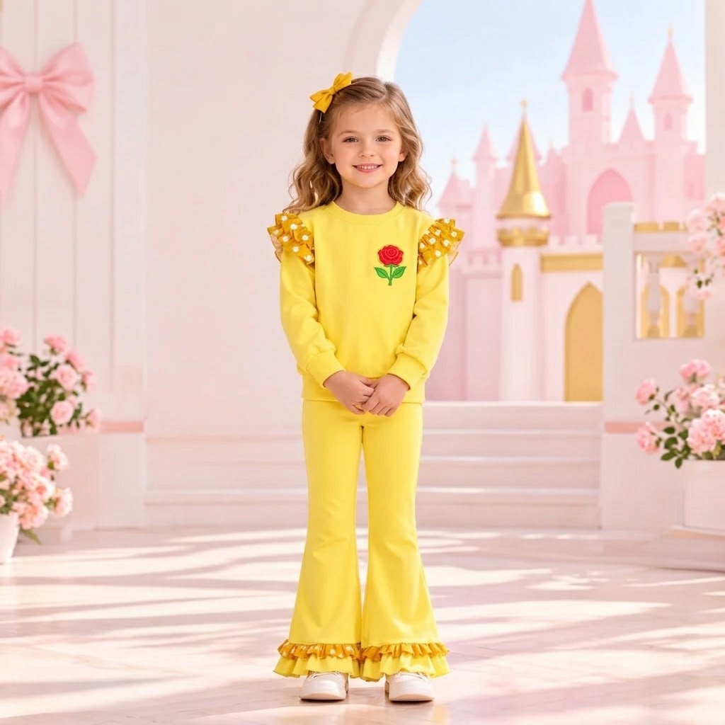 MOQ 5 Long sleeves princess polka dots ruffle top pants girls outfits