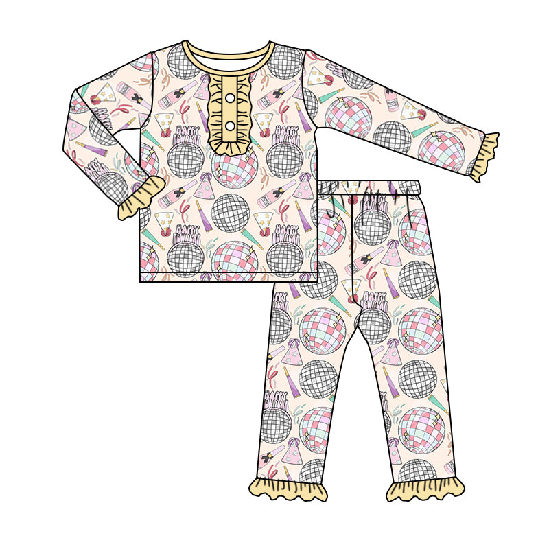 MOQ 5 yellow ruffle baby girls Happy New year pajamas