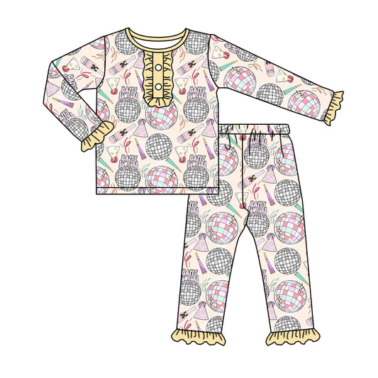 MOQ 5 yellow ruffle baby girls Happy New year pajamas
