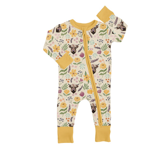 MOQ 5 PCS yellow floral cow baby girls zipper romper