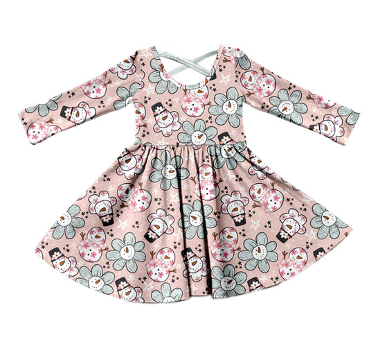 MOQ 5 snowman floral long sleeves girls winter dress