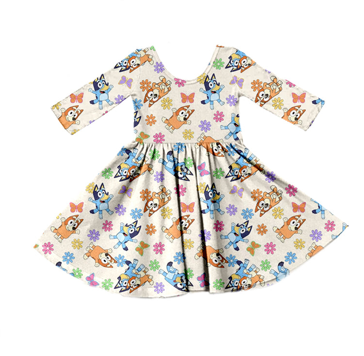 MOQ 5 dog floral long sleeves baby girls dresses