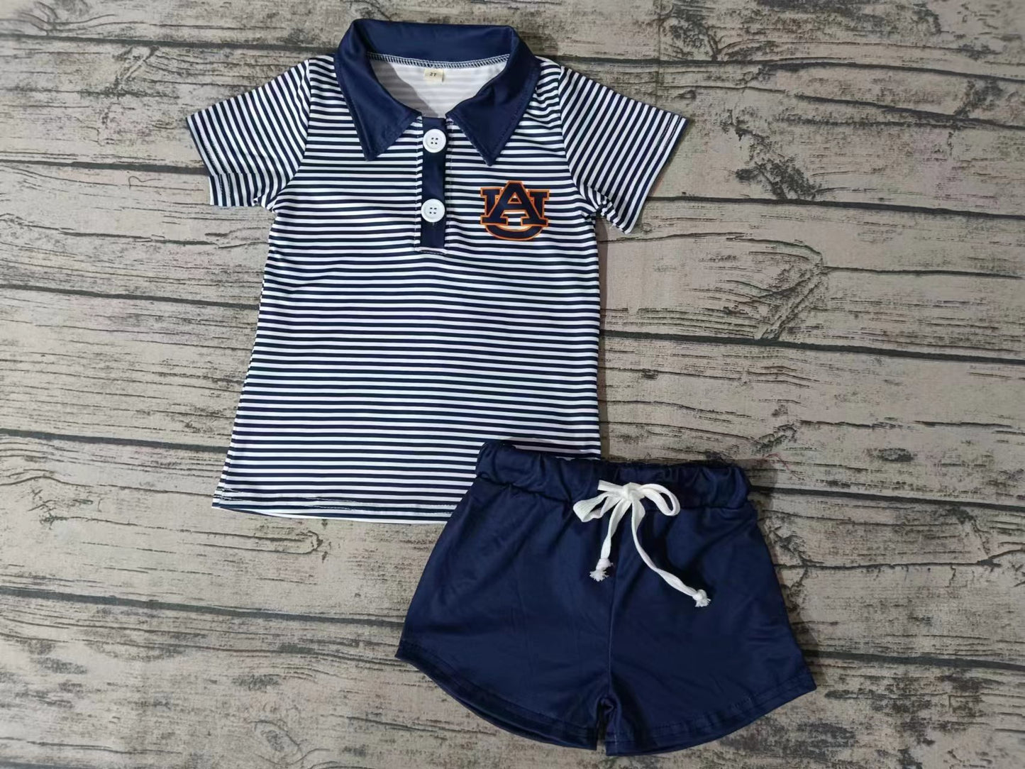 MOQ 3 pcs A U navy stripe polo shirt shorts boy team clothes