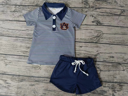 MOQ 3 pcs A U navy stripe polo shirt shorts boy team clothes