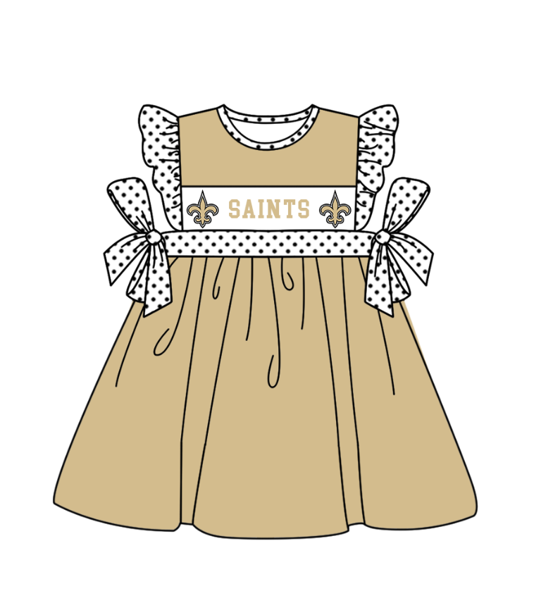 MOQ 5 pcs khaki flying sleeves white polka dots bow SAINTS girls team dresses