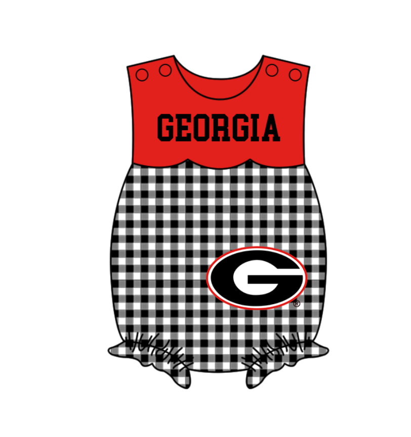 MOQ 5 pcs red sleeveless G baby girls black plaids team romper