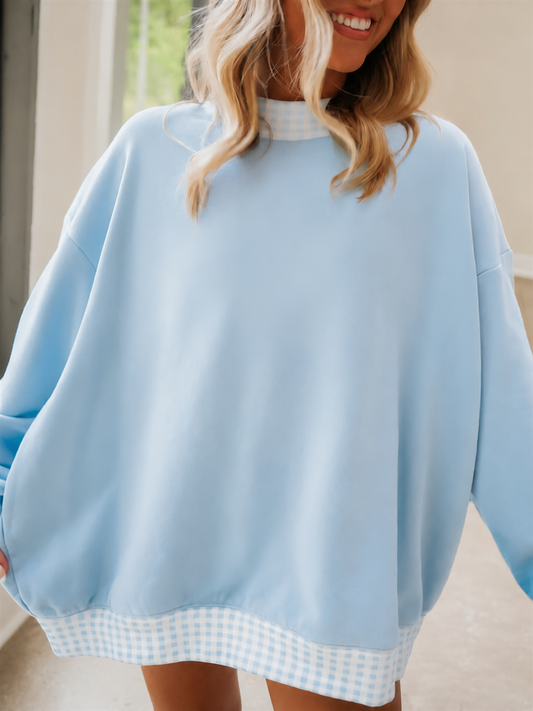 Long sleeves light blue plaid adult women sweatshirt