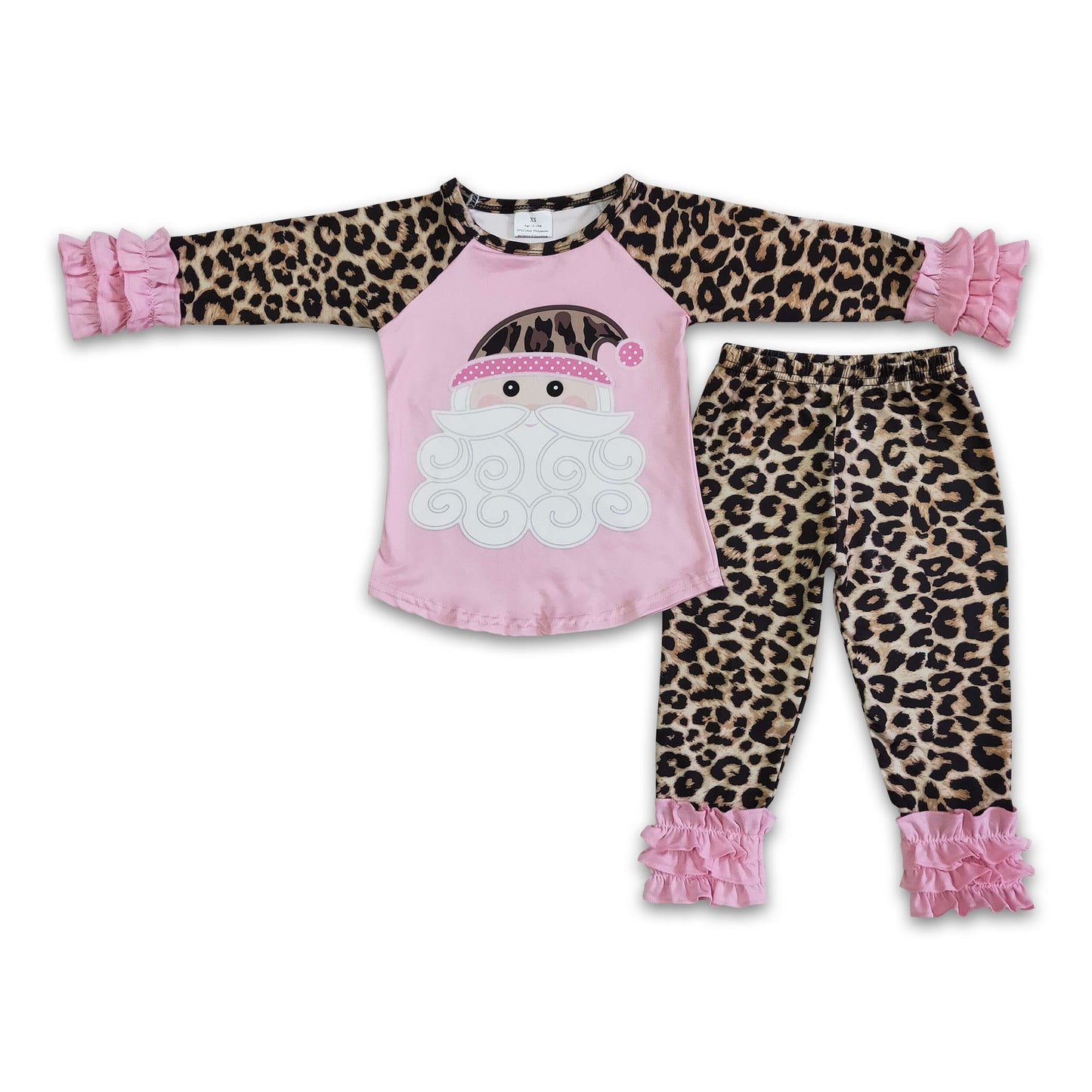 Pink santa shirt leopard icing ruffle leggings girls Christmas outfits