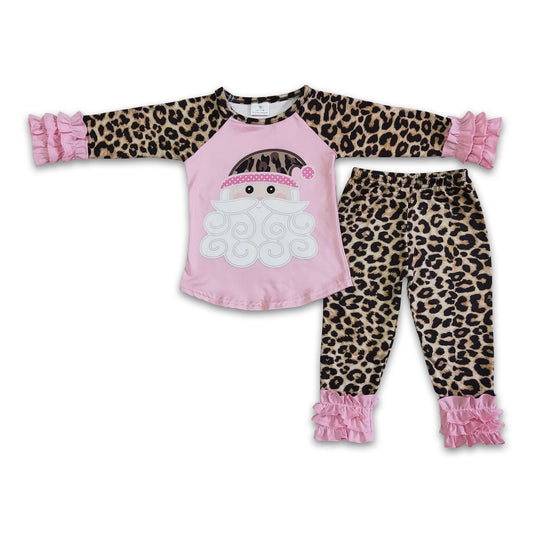 Pink santa shirt leopard icing ruffle leggings girls Christmas outfits