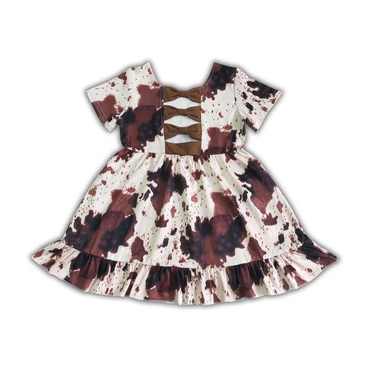 Cow print short sleeve bow backless baby girls summer dresses