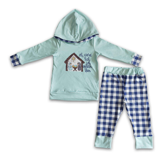 Blue plaid nativity boy Christmas hoodie set