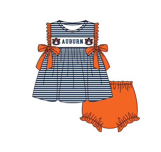 MOQ 5 pcs dark blue stripe orange bow AU tunic bummies baby girls team set
