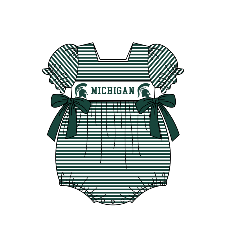 MOQ 5 pcs green stripe M short sleeves baby girls team romper