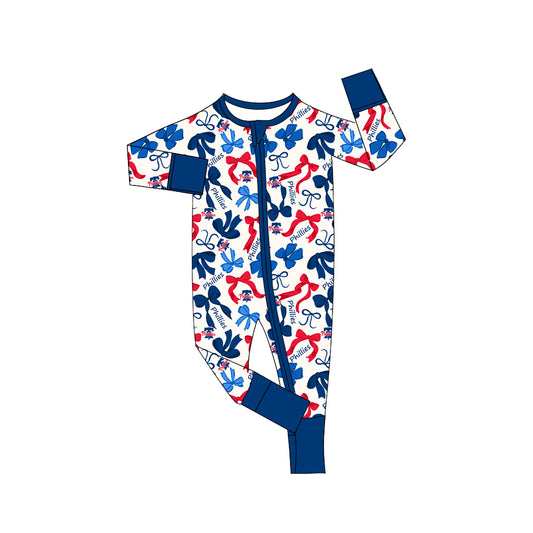MOQ 3 pcs long sleeves red blue bows baby team zip romper