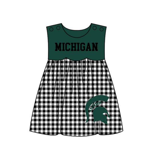 MOQ 5 pcs green sleeveless black plaids M girls team dresses