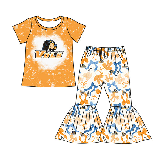 MOQ 3 pcs Bleached dog top bow pants kids girls team clothes