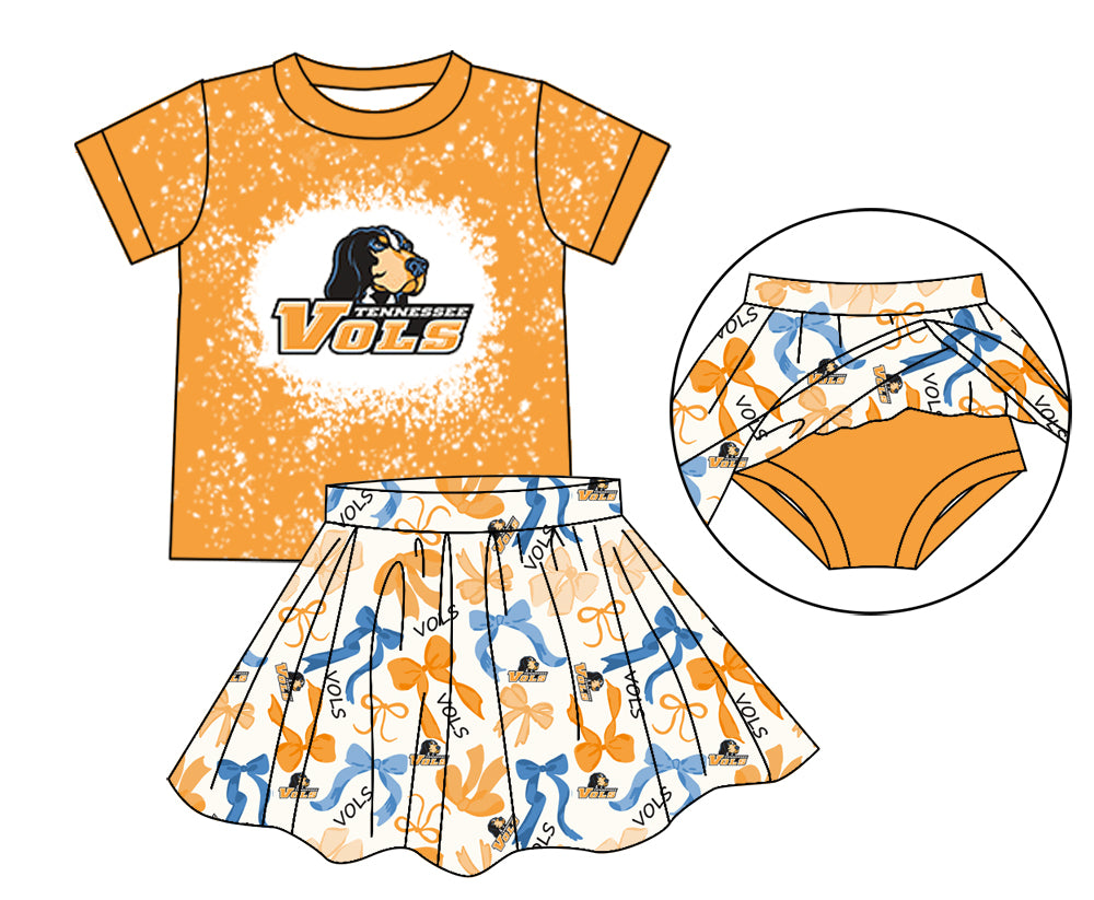 MOQ 3 pcs yellow dog bleached top bow skirt girls team outfits