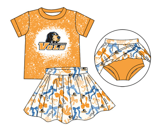 MOQ 3 pcs yellow dog bleached top bow skirt girls team outfits