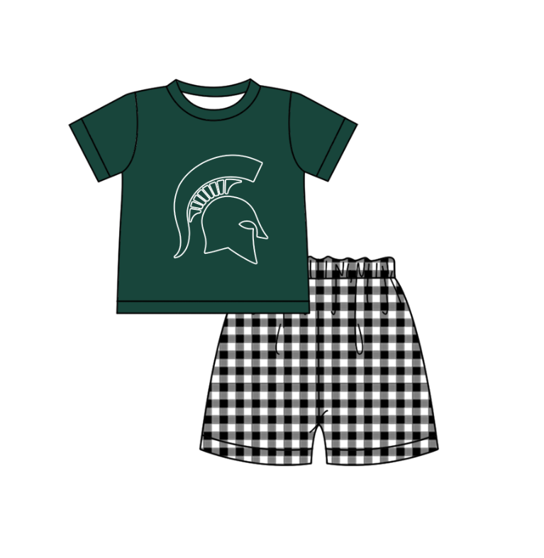 MOQ 5 pcs green short sleeves top black plaids shorts boys team outfit