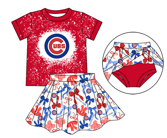 MOQ 3 pcs C bleached top red blue bow skirt girls team outfits