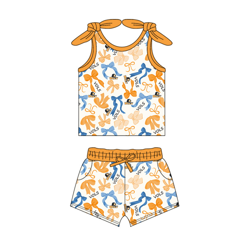 MOQ 3 pcs sleeveless dog bow top shorts girls team clothes