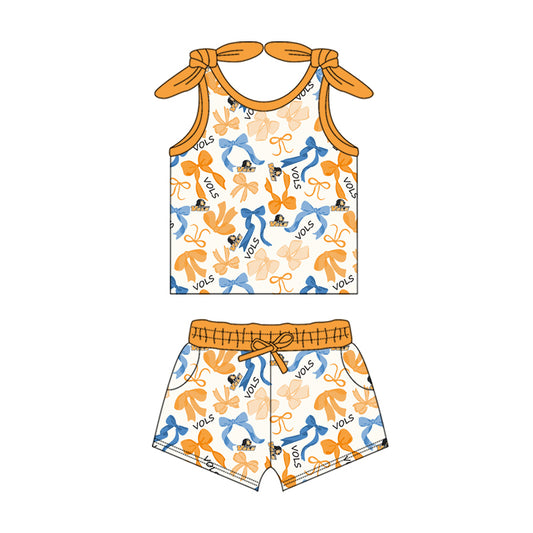 MOQ 3 pcs sleeveless dog bow top shorts girls team clothes