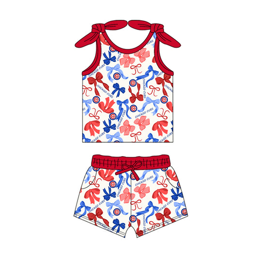 MOQ 3 pcs sleeveless C red blue bow top shorts girls team clothes