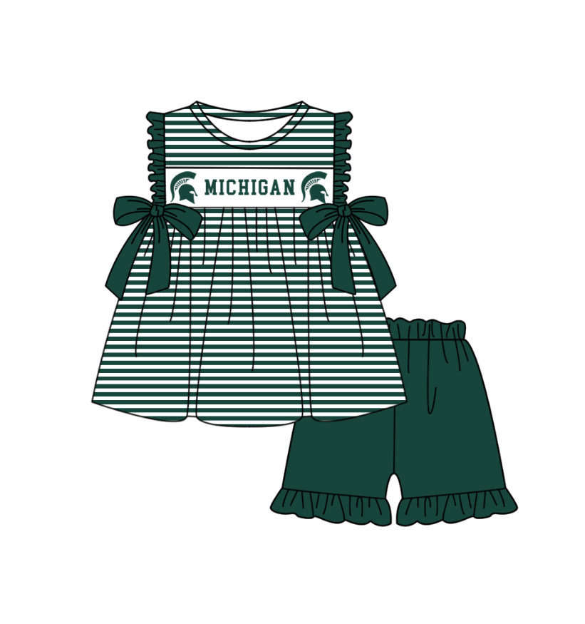 MOQ 5 pcs green stripe bow M tunic ruffle shorts girls team outfit