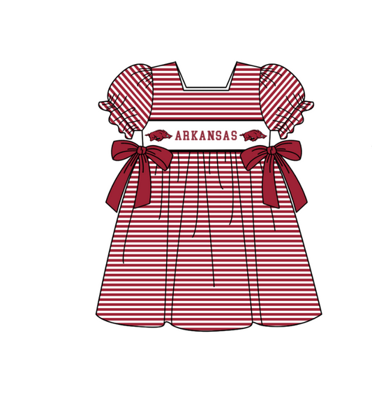 MOQ 5 pcs Short sleeves maroon stripe bow girls team dresses